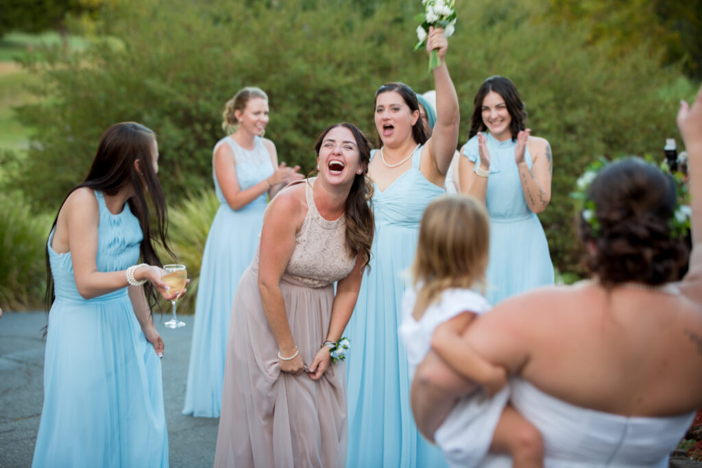 Bridal party bouquet toss